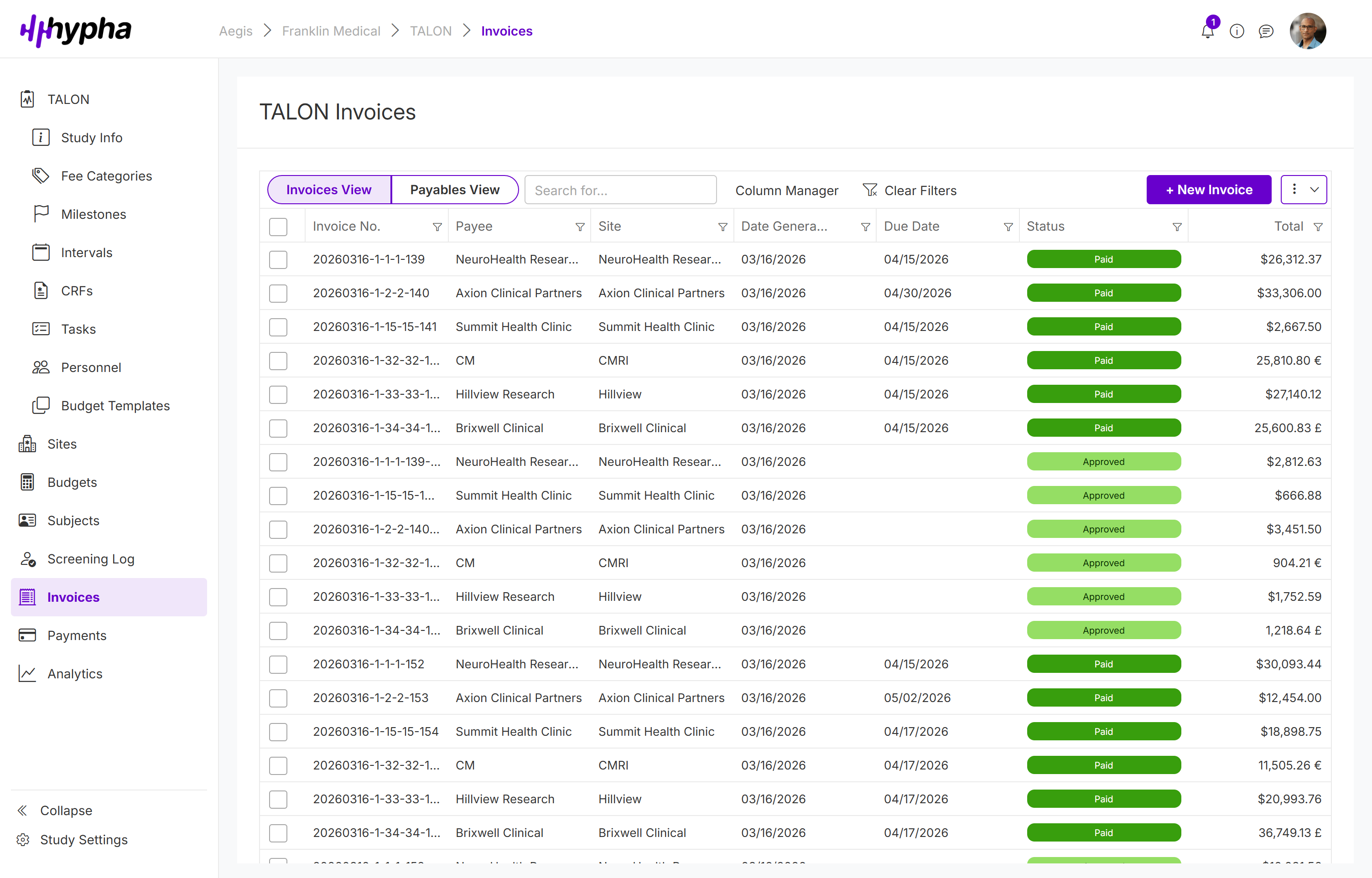 Hypha Clinical invoice list showing invoice numbers, payee names, due dates, payment statuses, and totals including multi-currency support for USD, EUR, and GBP