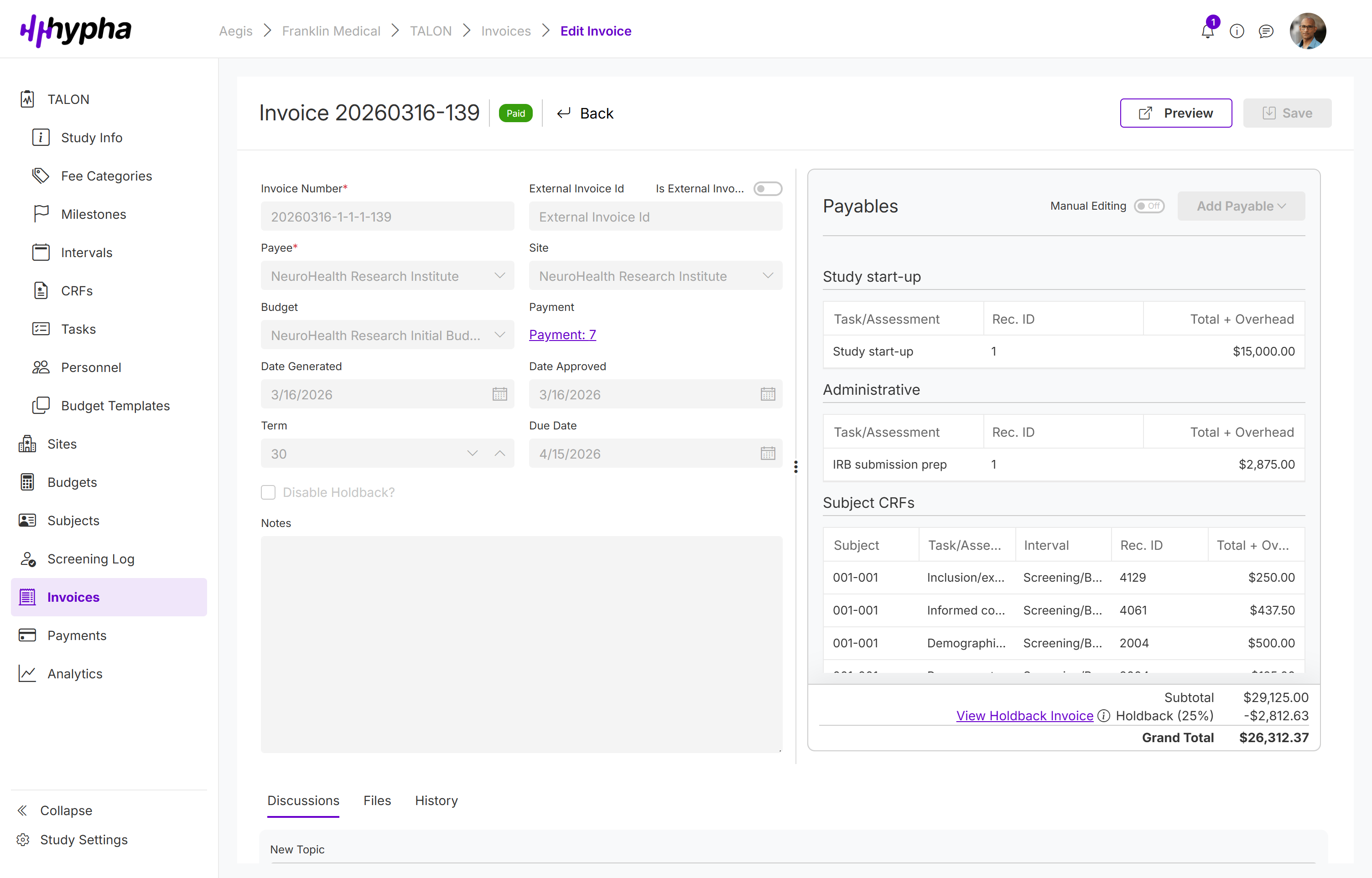 Hypha Clinical invoice detail view showing subject-level CRF payables, subtotal, holdback deduction, and grand total for a research site payment